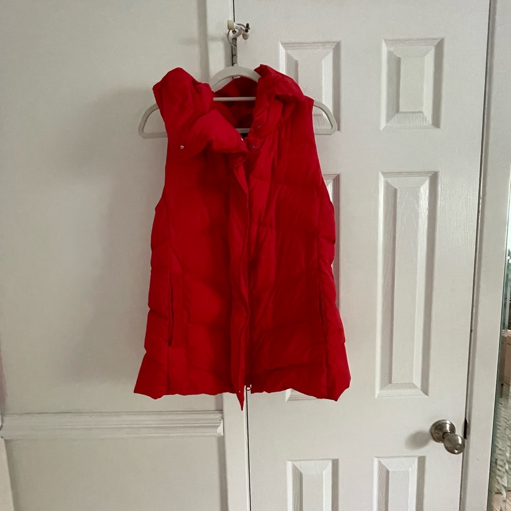 Eileen Fisher Weather Resistant High Collar Down Vest Red Winter Puffer - Picture 2 of 9